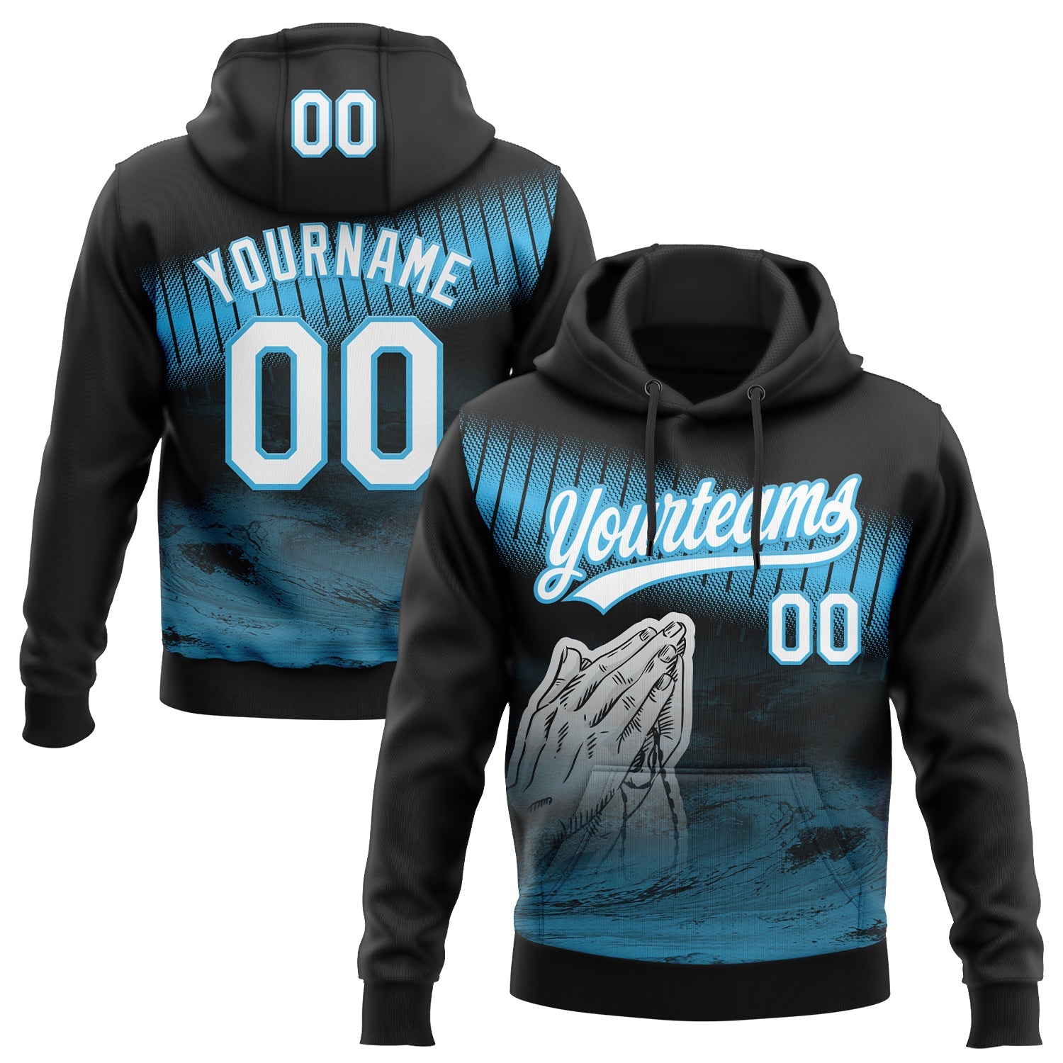 Custom Stitched Black White-Sky Blue Religion Praying Hands Pullover Sweatshirt Hoodie