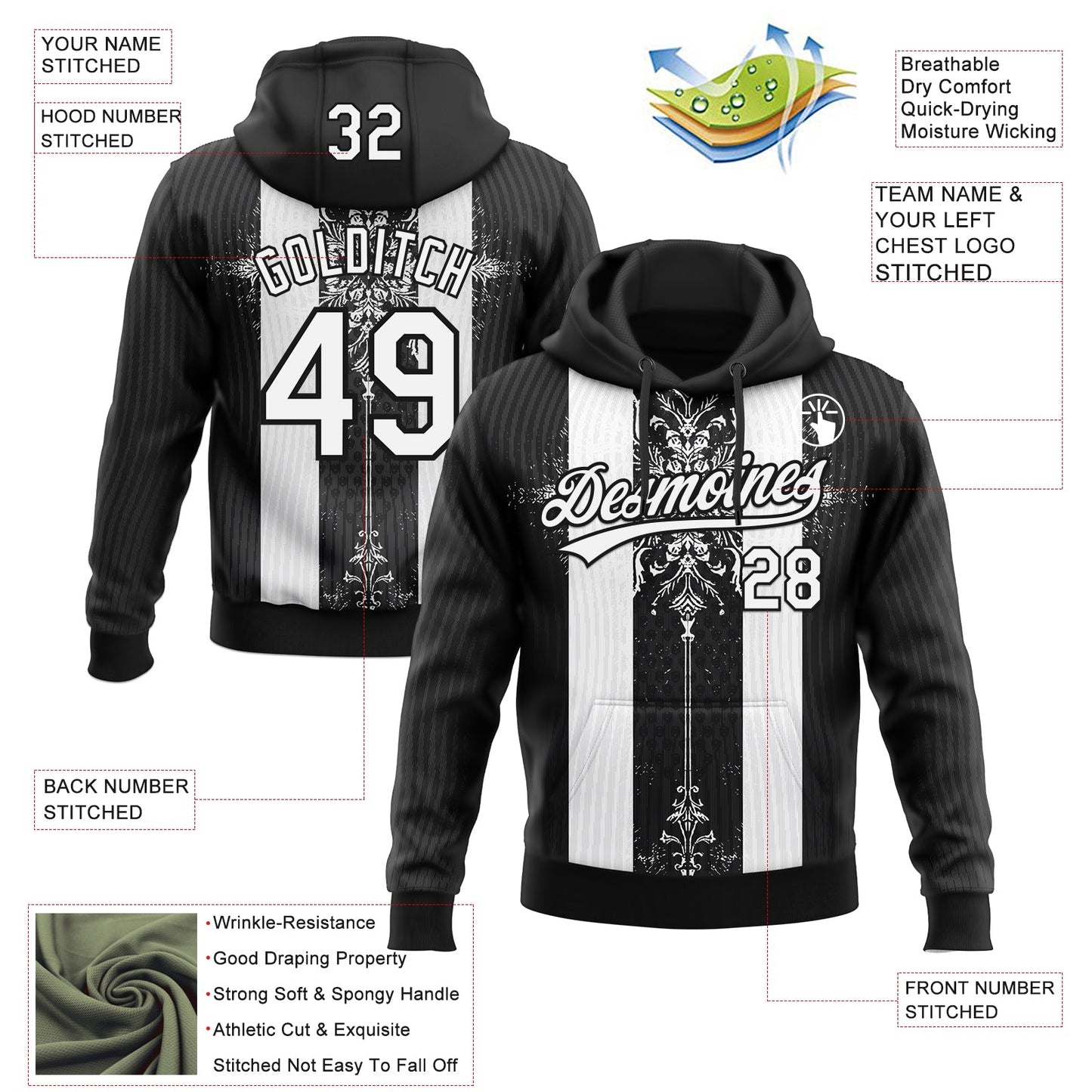 Custom Stitched Black White Retro Medieval Pullover Sweatshirt Hoodie
