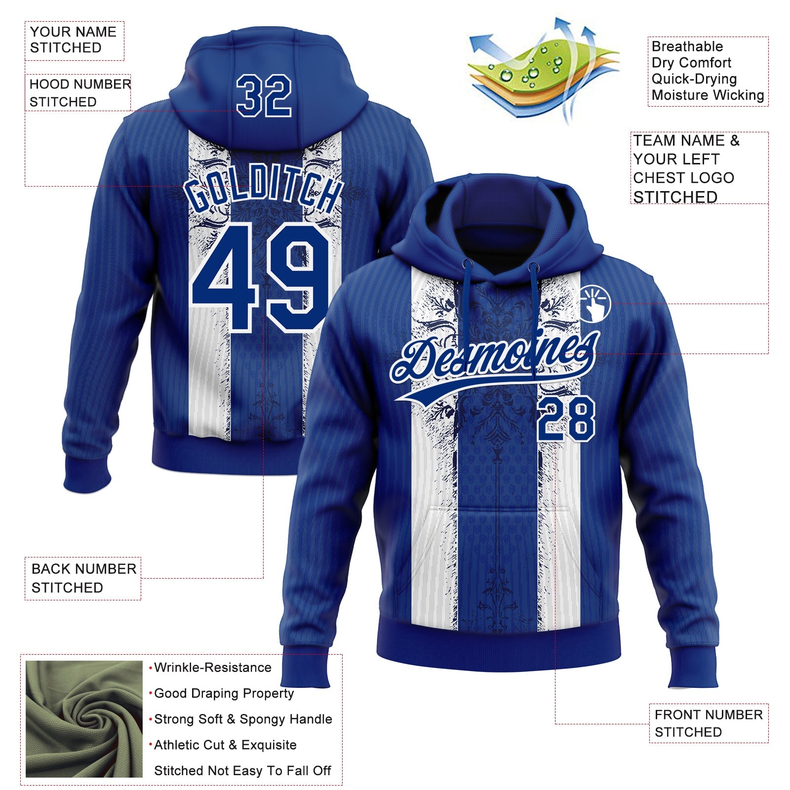 Custom Stitched Royal White Retro Medieval Pullover Sweatshirt Hoodie