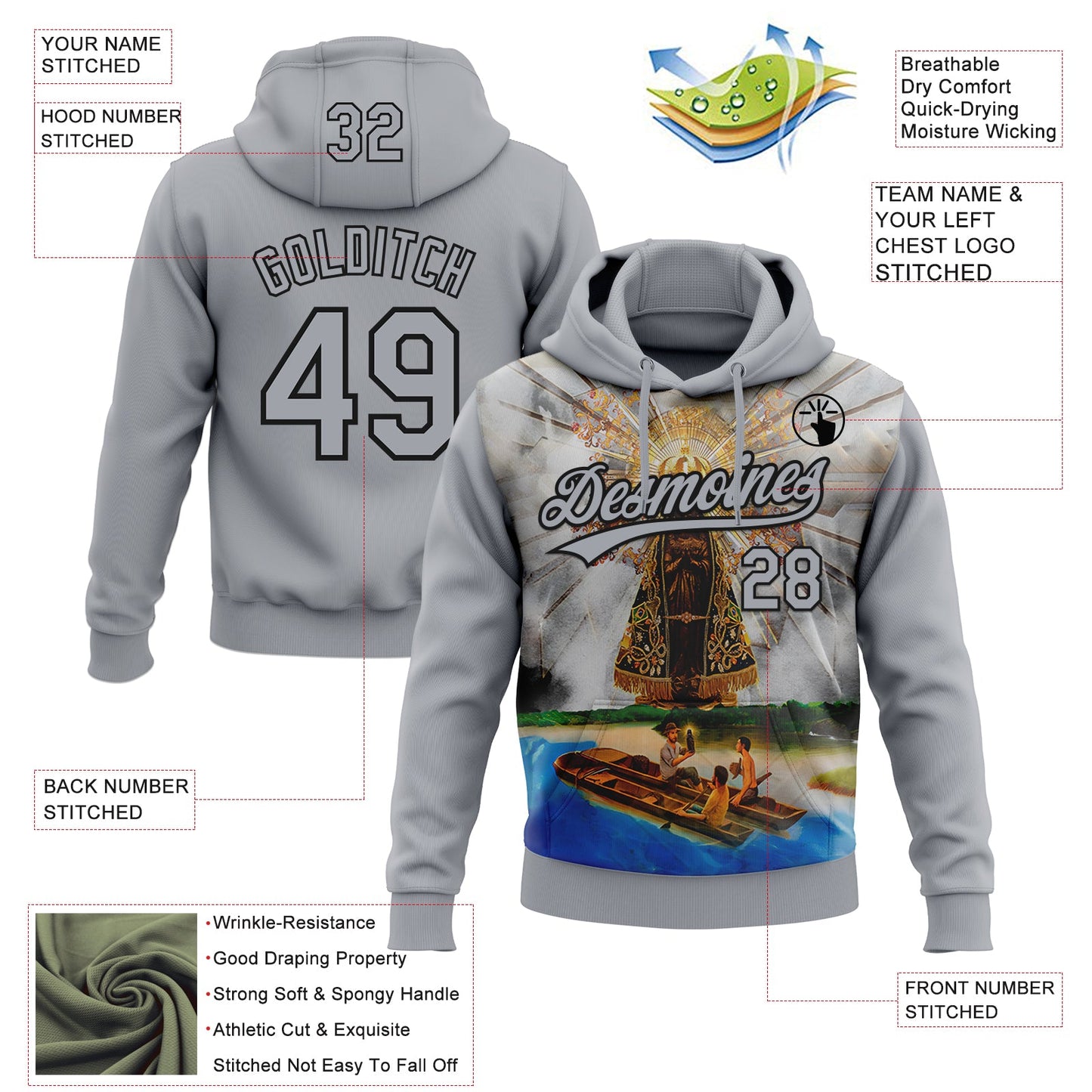 Custom Stitched Gray Black Our Lady Of Aparecida Pullover Sweatshirt Hoodie