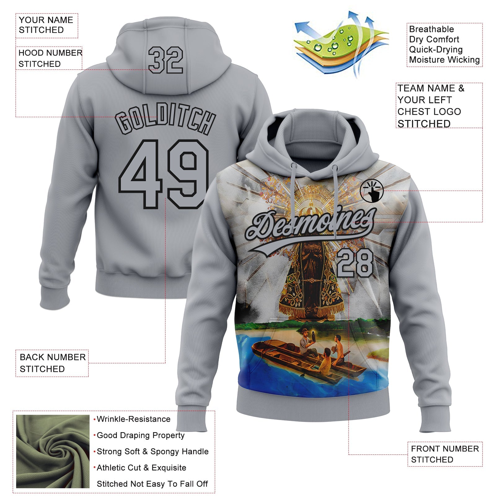 Custom Stitched Gray Black Our Lady Of Aparecida Pullover Sweatshirt Hoodie