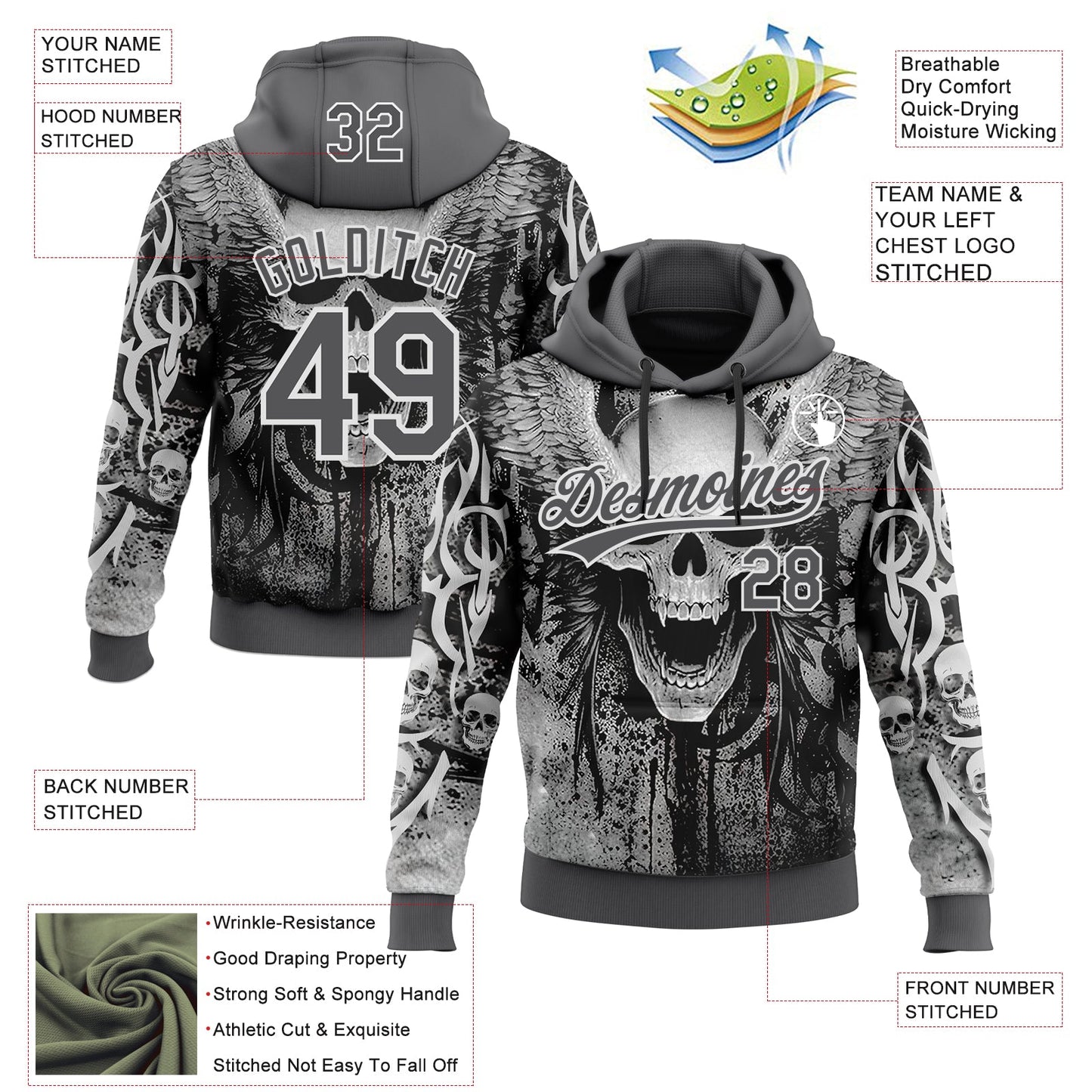 Custom Stitched Steel Gray Black-White Skull Pattern Pullover Sweatshirt Hoodie