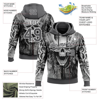 Custom Stitched Steel Gray Black-White Skull Pattern Pullover Sweatshirt Hoodie