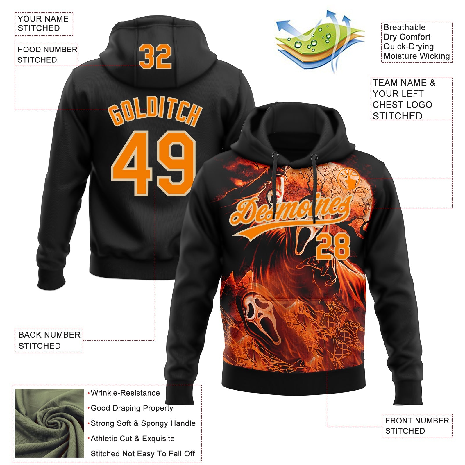 Custom Stitched Black Bay Orange-City Cream Skull Pattern Pullover Sweatshirt Hoodie