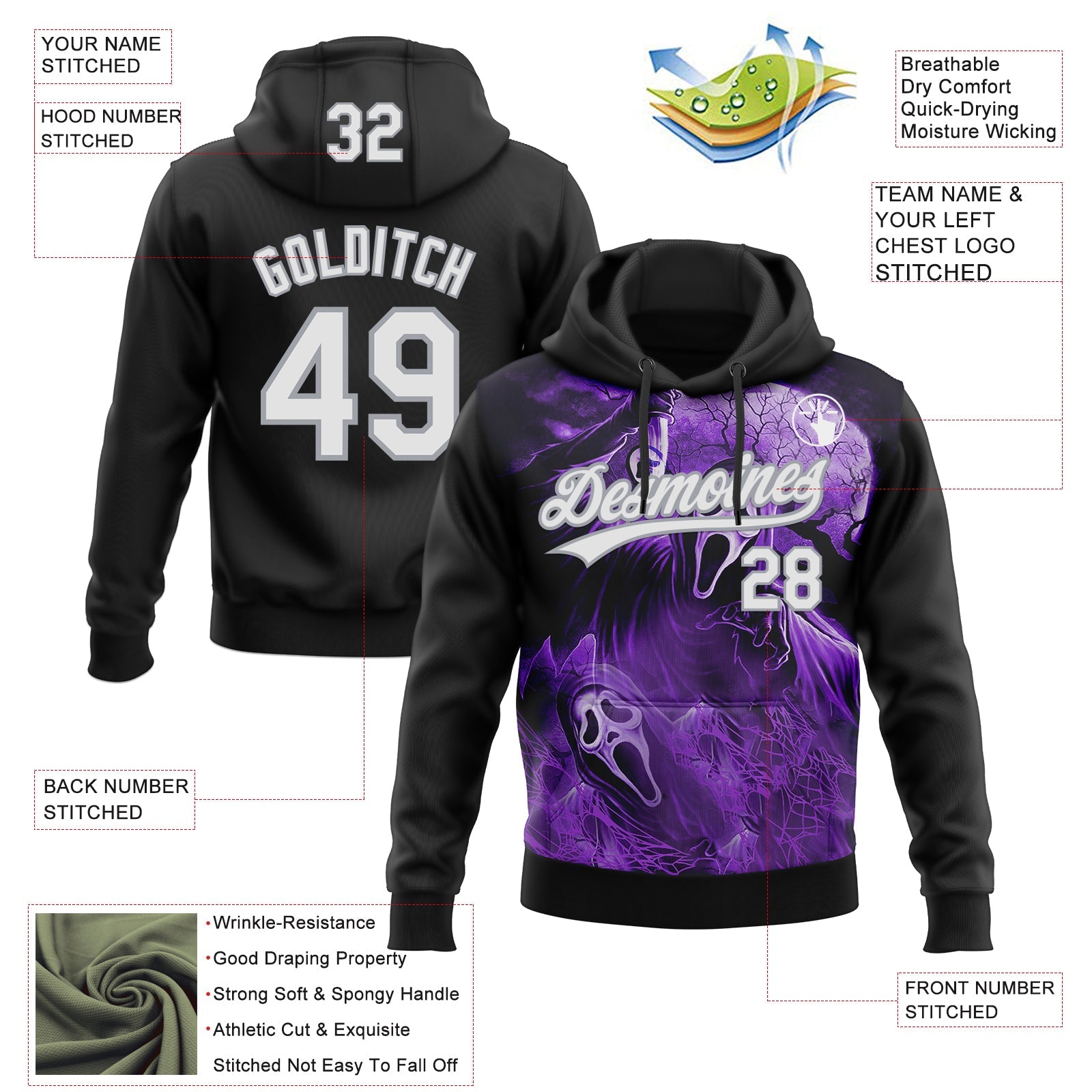 Custom Stitched Black White Purple-Gray Skull Pattern Pullover Sweatshirt Hoodie