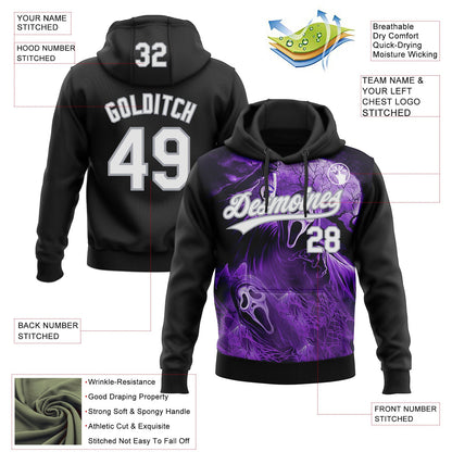 Custom Stitched Black White Purple-Gray Skull Pattern Pullover Sweatshirt Hoodie
