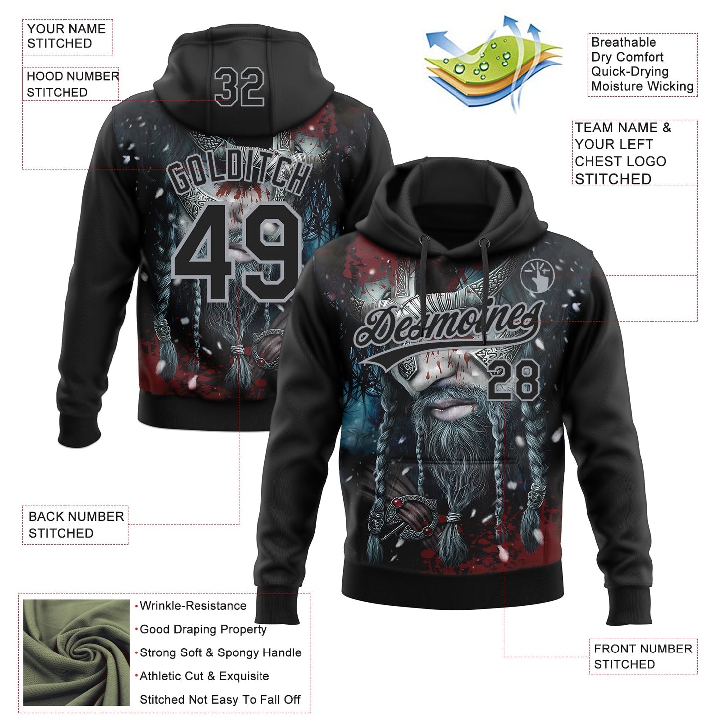 Custom Stitched Black Gray Viking Pattern Pullover Sweatshirt Hoodie