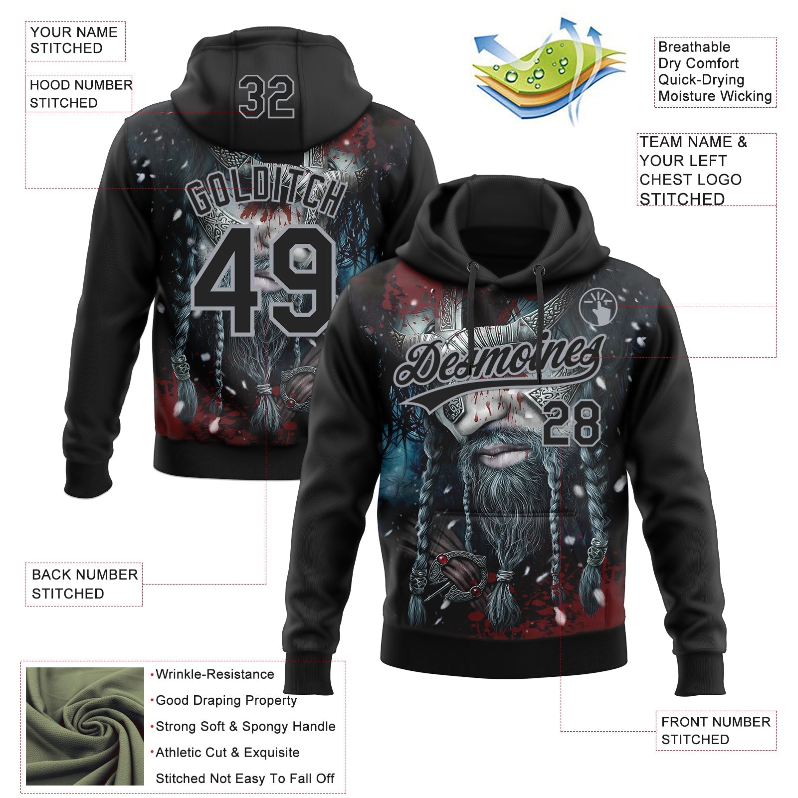 Custom Stitched Black Gray Viking Pattern Pullover Sweatshirt Hoodie