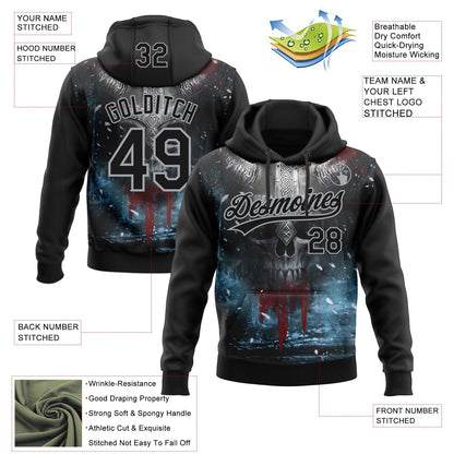 Custom Stitched Black Gray Skull Pattern Pullover Sweatshirt Hoodie