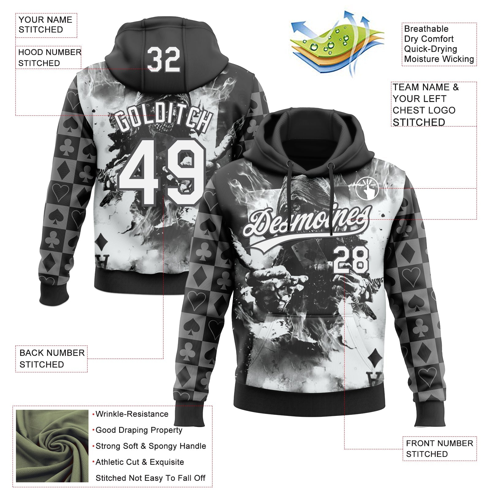 Custom Stitched Black White-Steel Gray Skull Poker Pattern Pullover Sweatshirt Hoodie