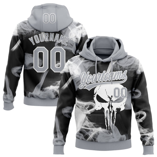 Custom Stitched Gray Black-White Skull Pattern Pullover Sweatshirt Hoodie