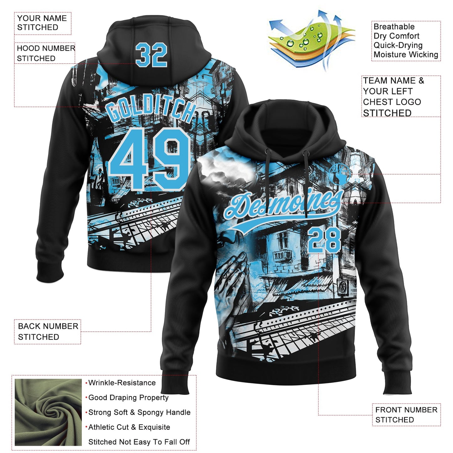 Custom Stitched Black Sky Blue-White Religion Praying Hands Pullover Sweatshirt Hoodie