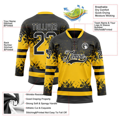 Custom Black Yellow-White Abstract Splatter Paint Hockey Lace Neck Jersey
