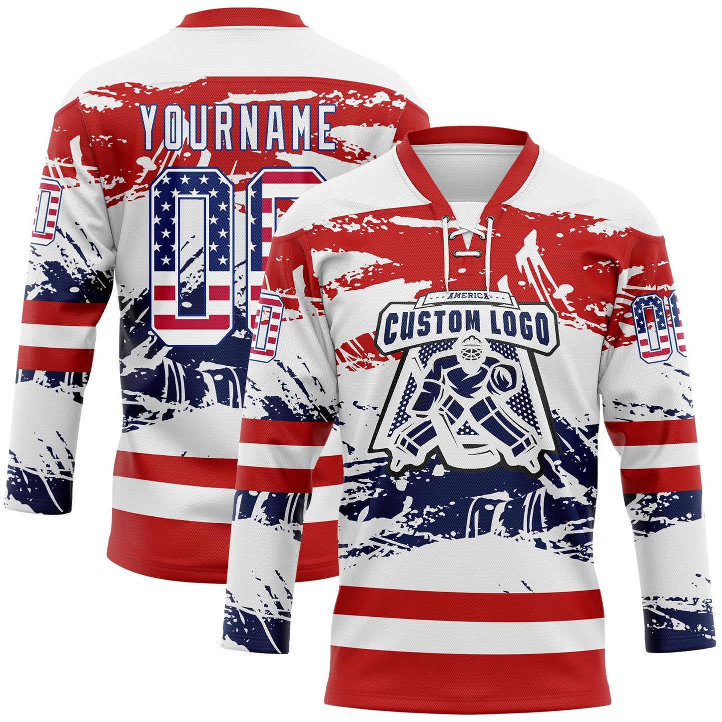 Custom White USA Flag Red-Royal Abstract Splatter Paint Hockey Lace Neck Jersey