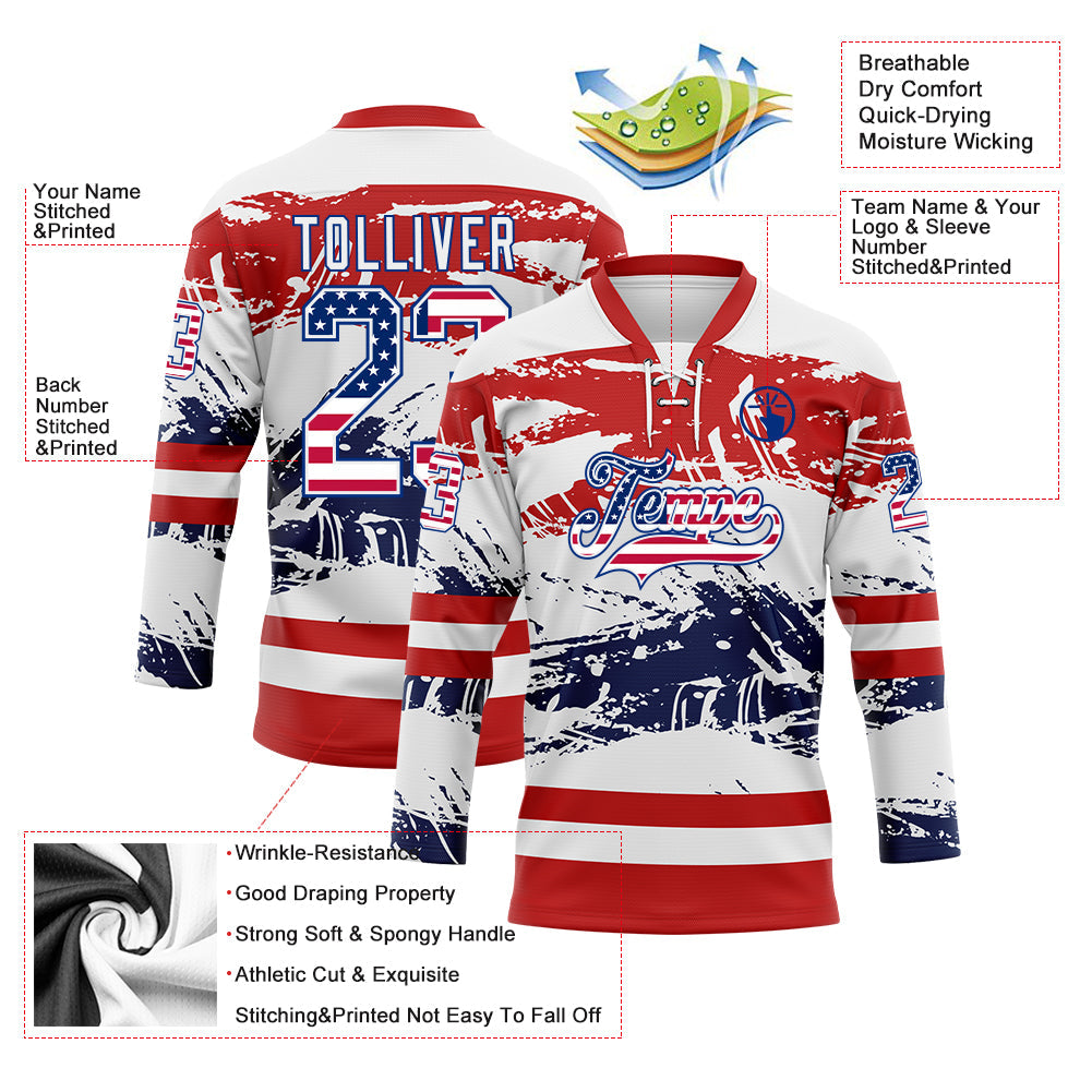 Custom White USA Flag Red-Royal Abstract Splatter Paint Hockey Lace Neck Jersey