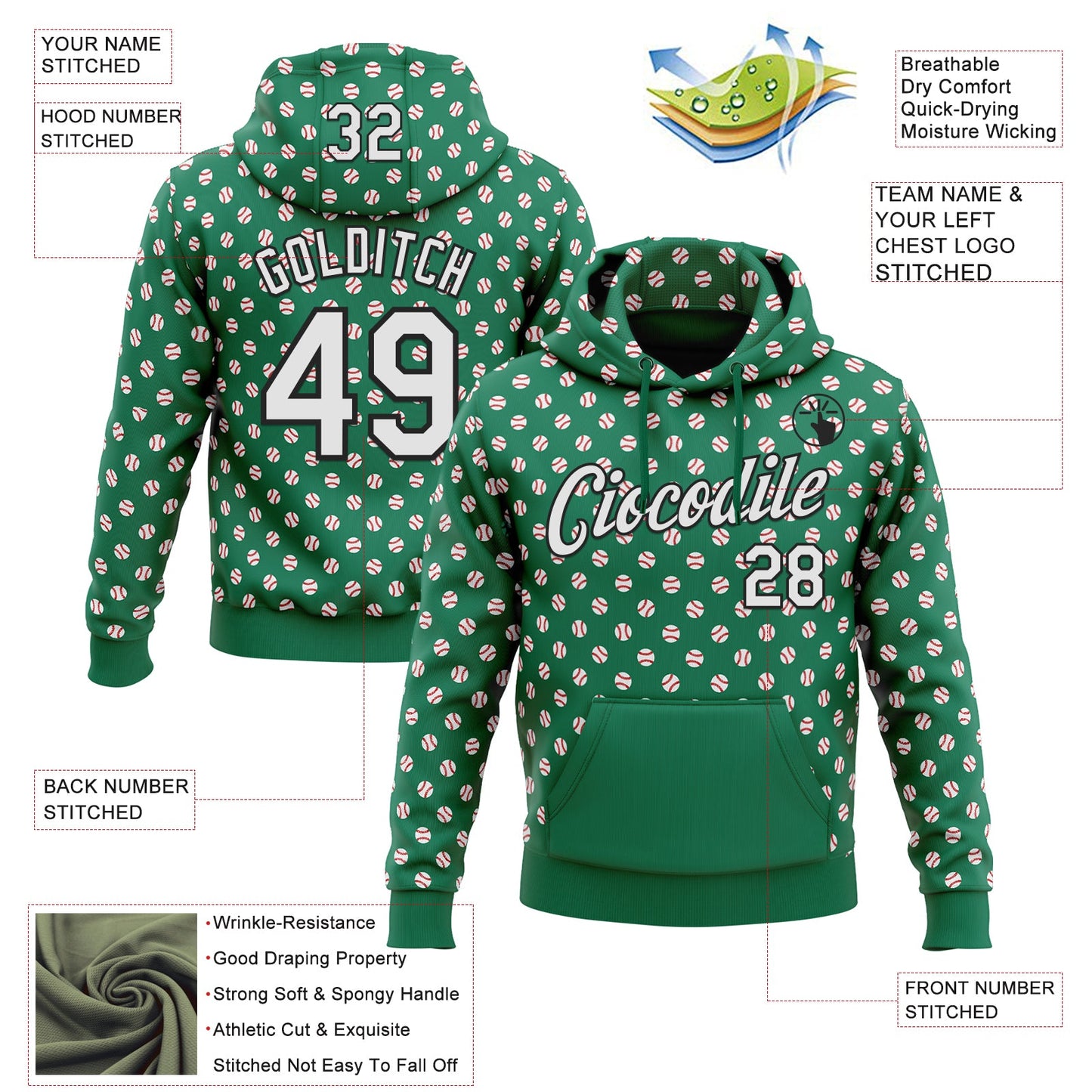 Custom Stitched Kelly Green White-Black Baseball Game Day New York Inspired Sports Pullover Sweatshirt Hoodie