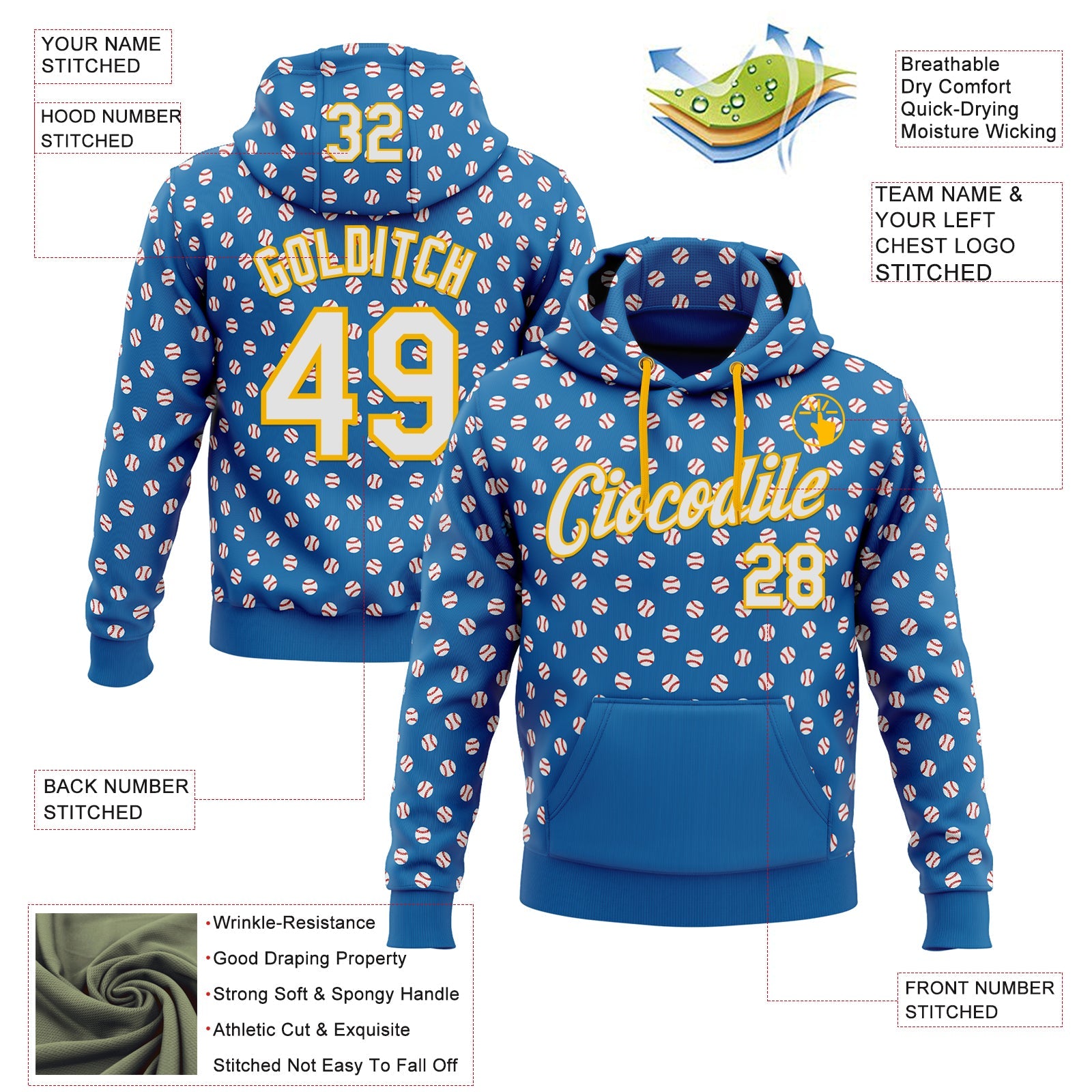 Custom Stitched Blue White-Gold Baseball Game Day Los Angeles Inspired Sports Pullover Sweatshirt Hoodie