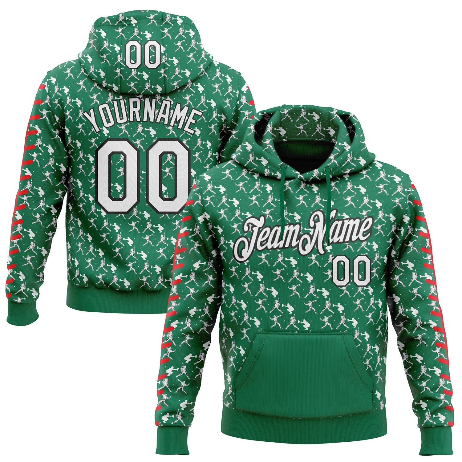 Custom Stitched Kelly Green White Red-Black Baseball Game Day New York Inspired Sports Pullover Sweatshirt Hoodie