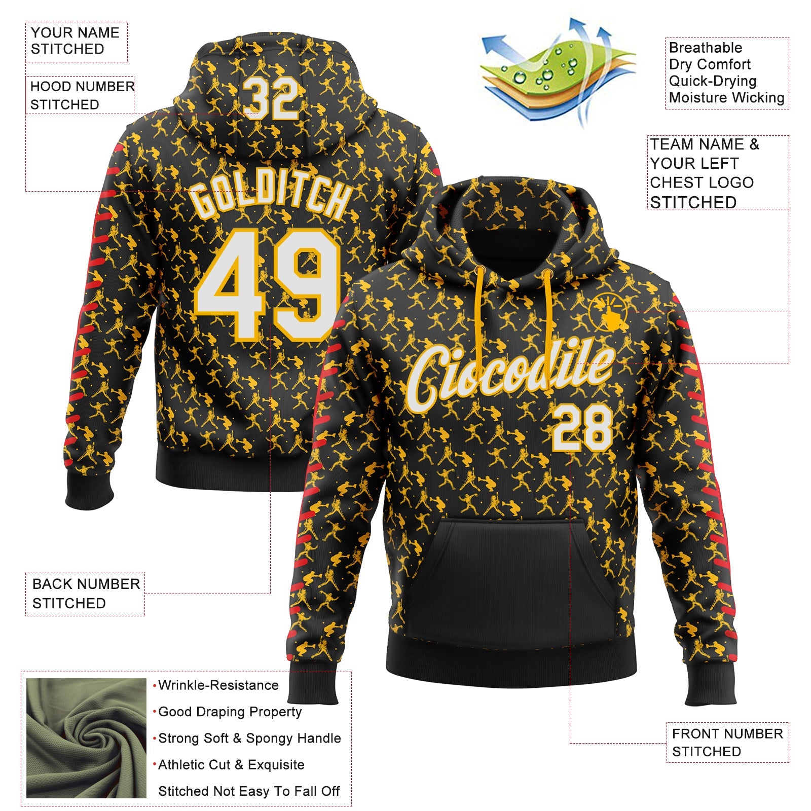 Custom Stitched Black White Gold-Red Baseball Game Day Pittsburgh Inspired Sports Pullover Sweatshirt Hoodie
