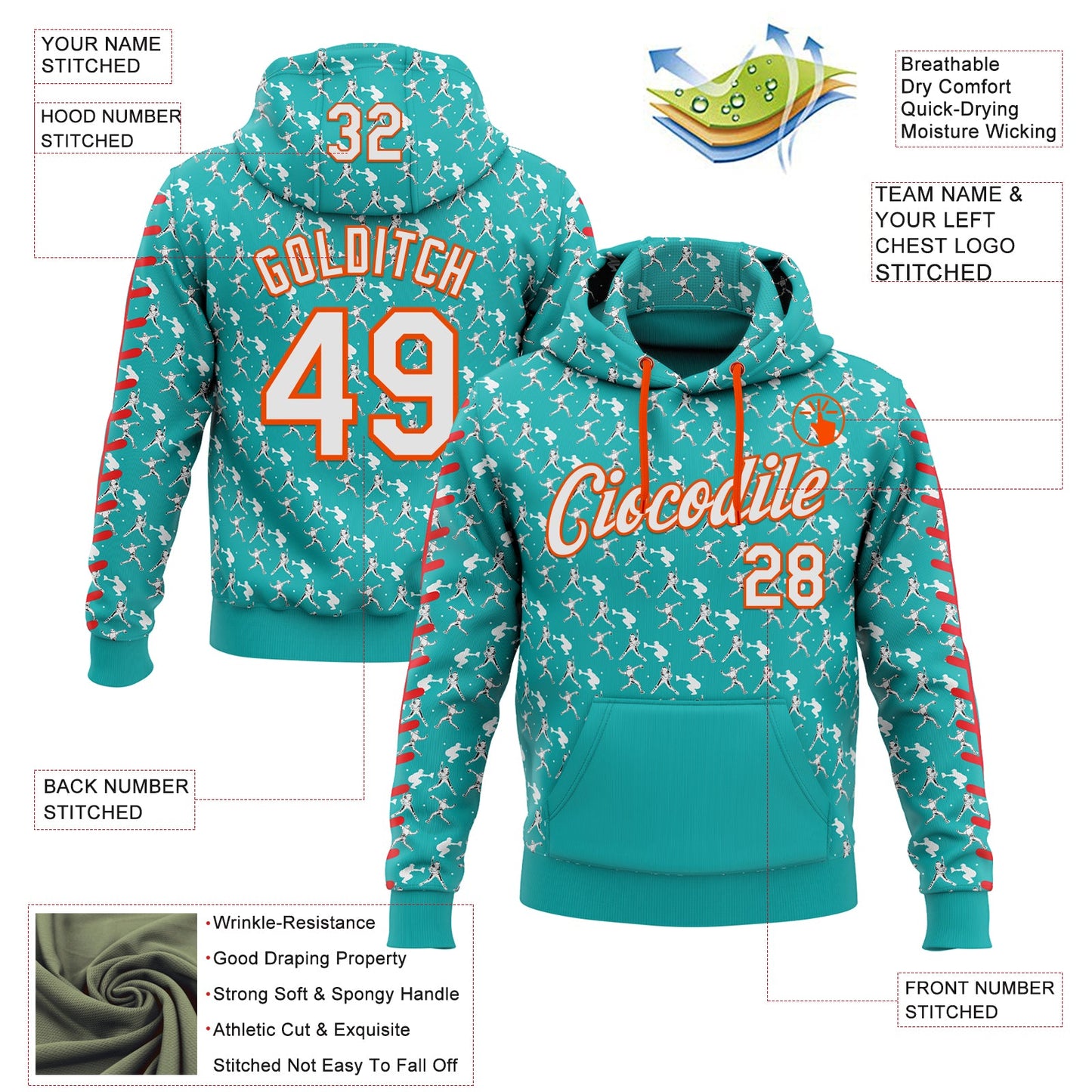 Custom Stitched Aqua White Red-Orange Baseball Game Day Miami Inspired Sports Pullover Sweatshirt Hoodie
