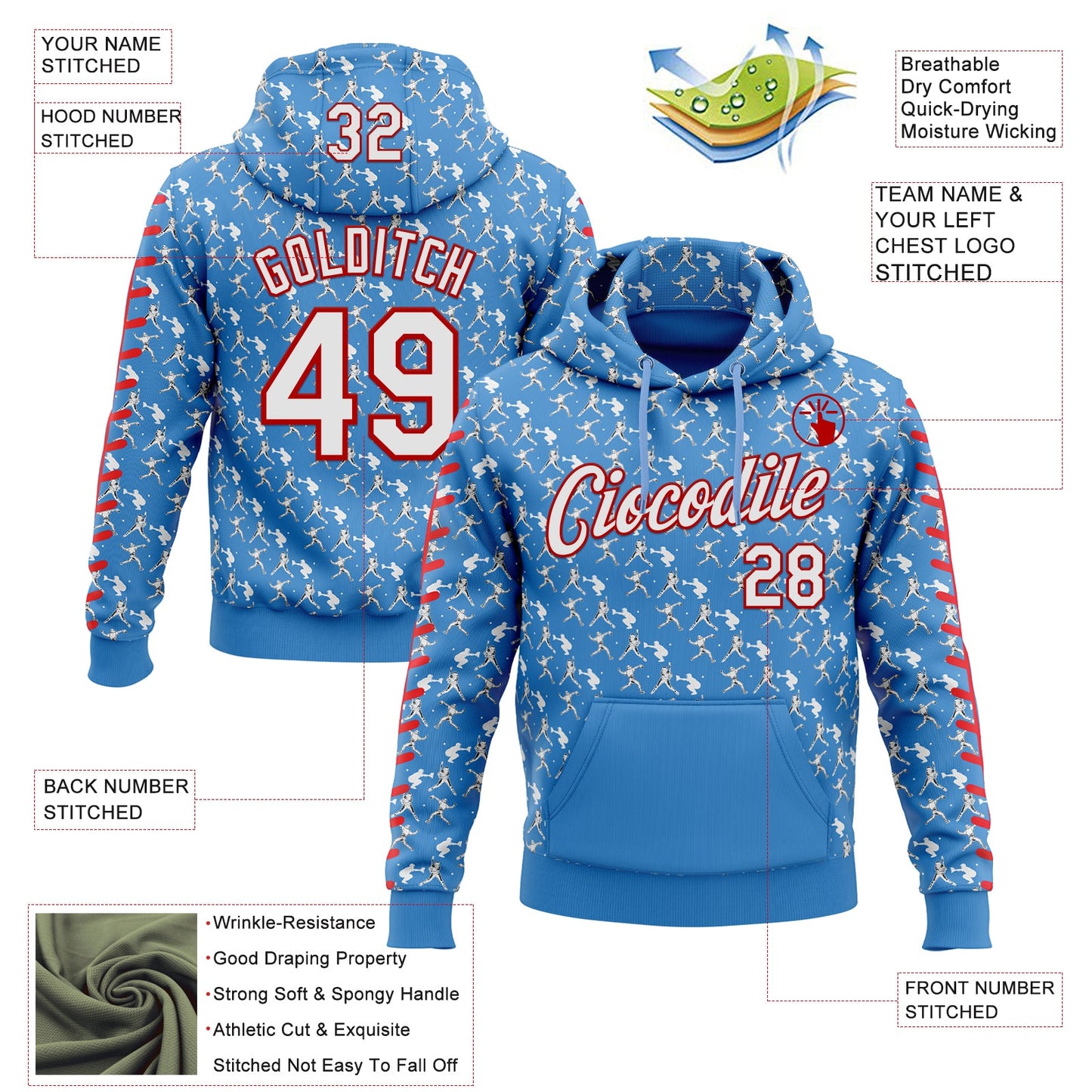 Custom Stitched Powder Blue White-Red Baseball Game Day Tennessee Inspired Sports Pullover Sweatshirt Hoodie
