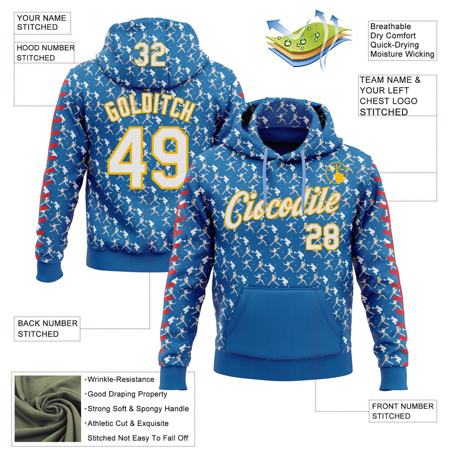 Custom Stitched Blue White Red-Gold Baseball Game Day Los Angeles Inspired Sports Pullover Sweatshirt Hoodie