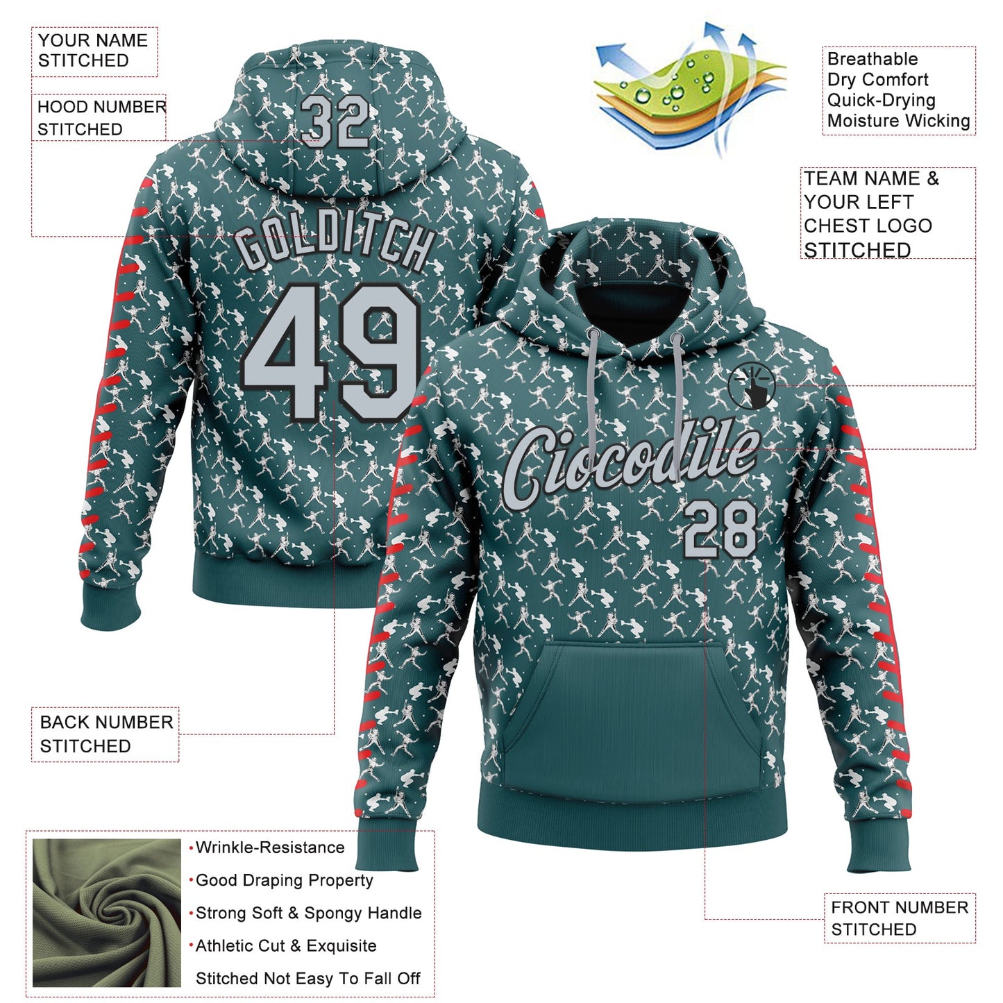 Custom Stitched Midnight Green Silver Red Black-White Baseball Game Day Philadelphia Inspired Sports Pullover Sweatshirt Hoodie