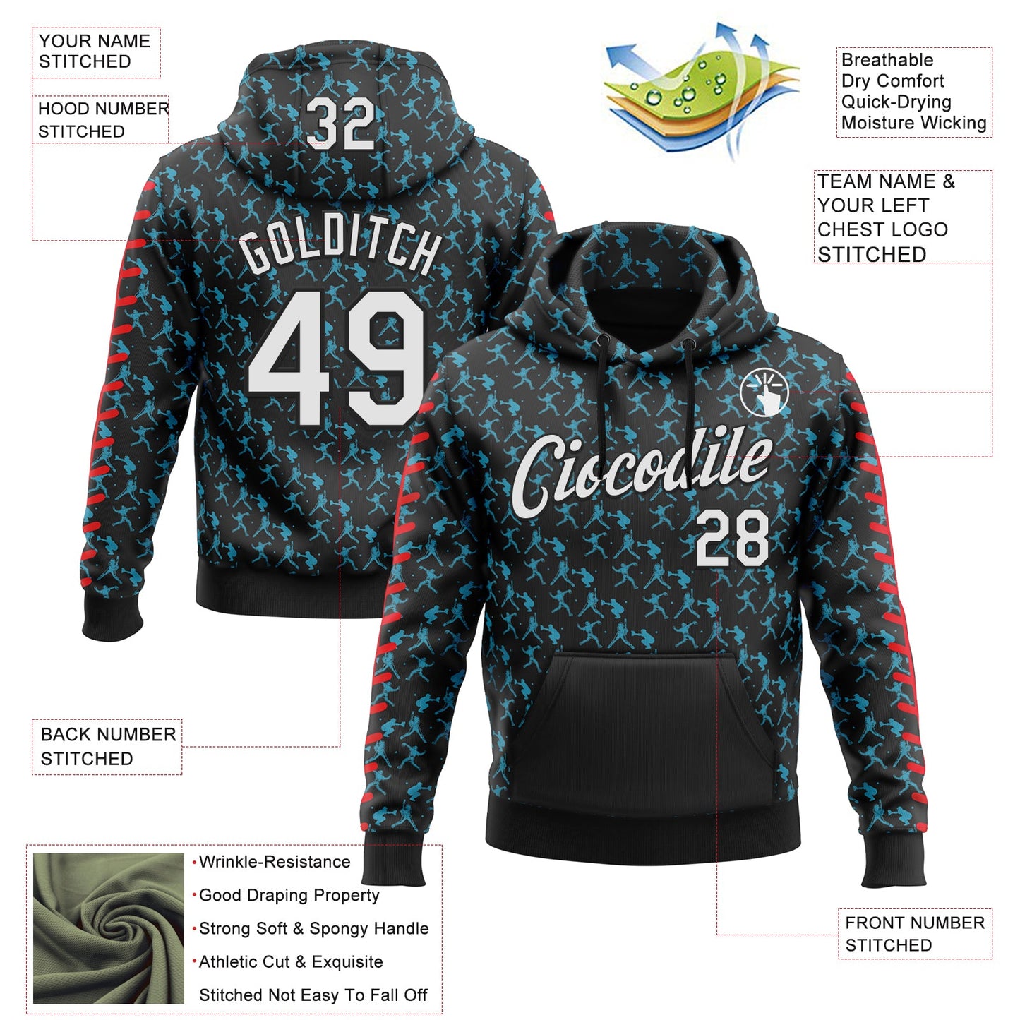 Custom Stitched Black White Panther Blue-Red Baseball Game Day Carolina Inspired Sports Pullover Sweatshirt Hoodie