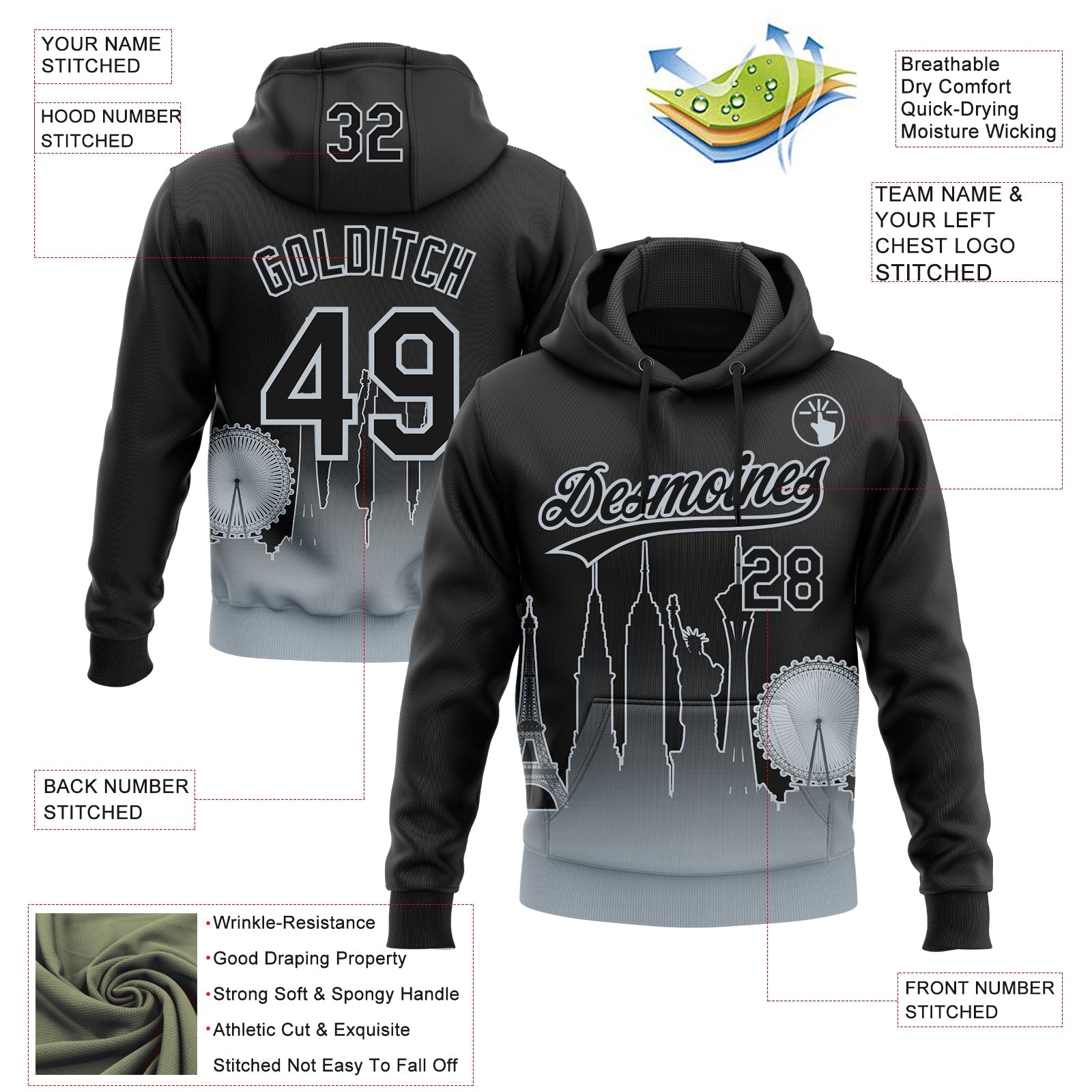 Custom Stitched Black Silver Gradient Fashion Las Vegas City Edition Sports Pullover Sweatshirt Hoodie