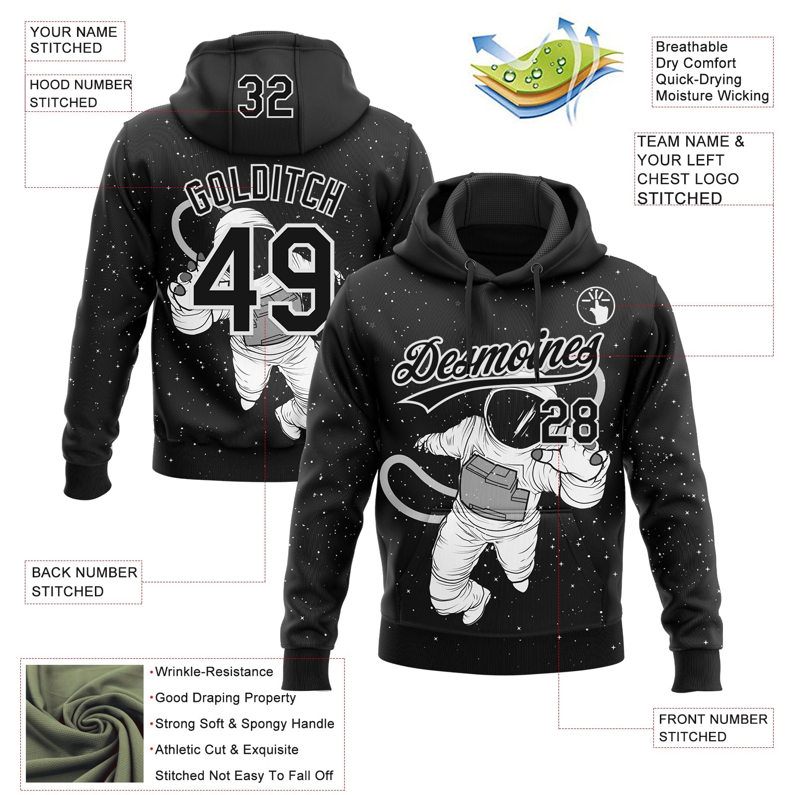 Custom Stitched Black White Astronaut Sports Pullover Sweatshirt Hoodie