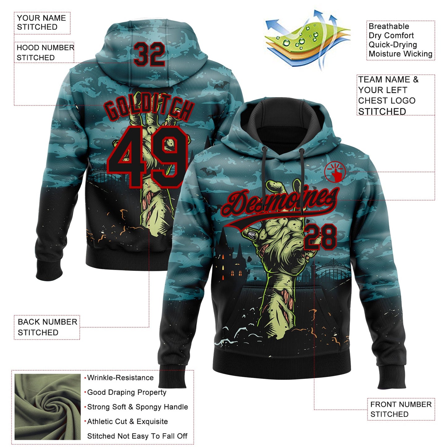 Custom Stitched Green Black-Red Halloween Horror Night Trick Treat Sports Pullover Sweatshirt Hoodie