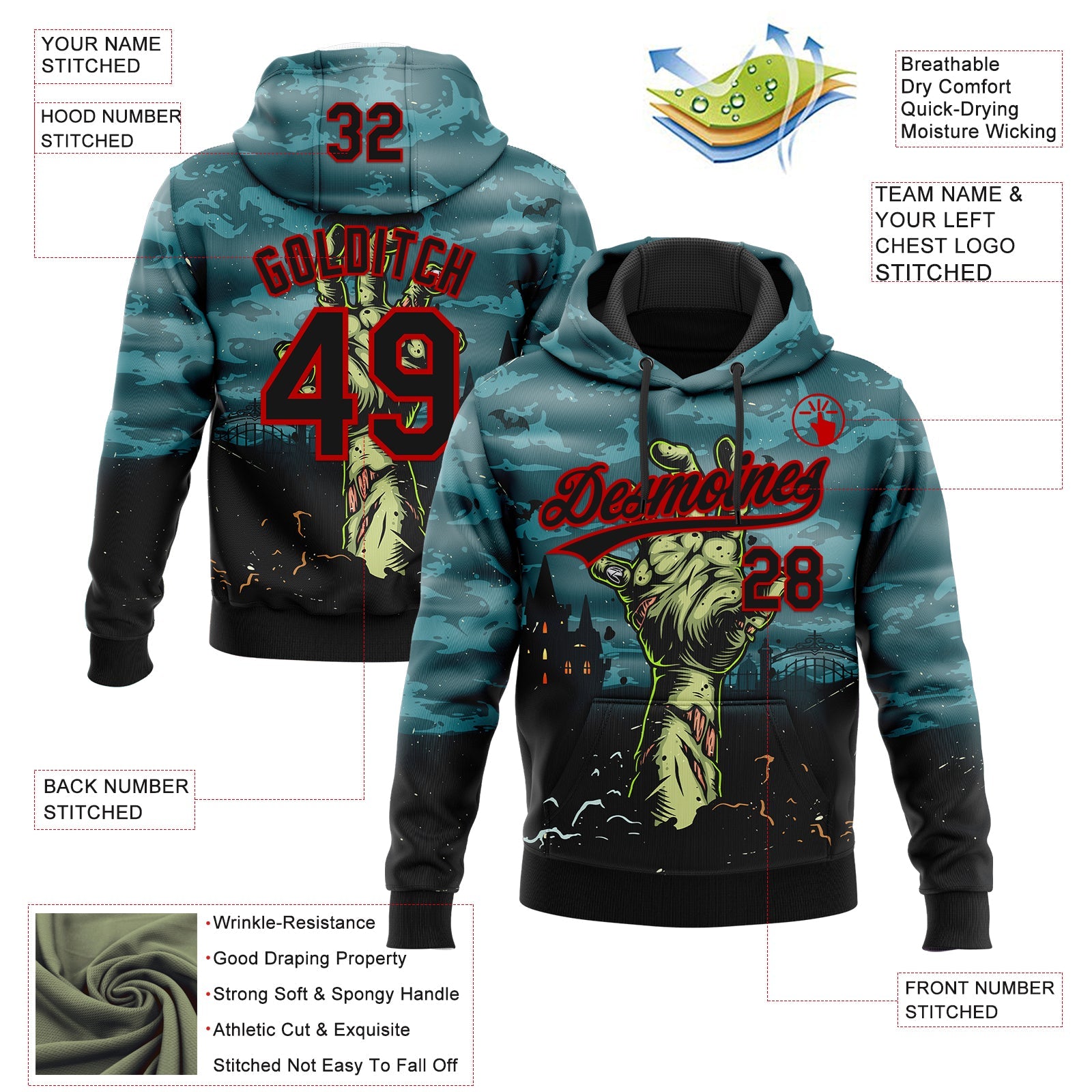 Custom Stitched Green Black-Red Halloween Horror Night Trick Treat Sports Pullover Sweatshirt Hoodie
