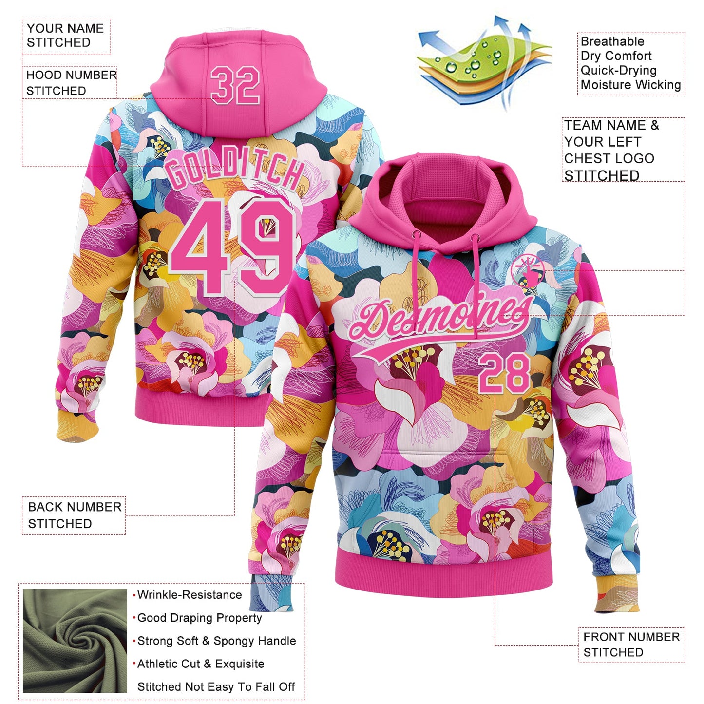 Custom Stitched Pink White Flowers Sports Pullover Sweatshirt Hoodie