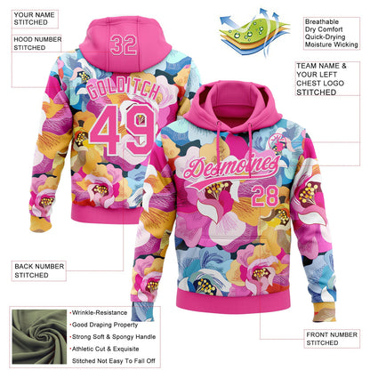 Custom Stitched Pink White Flowers Sports Pullover Sweatshirt Hoodie