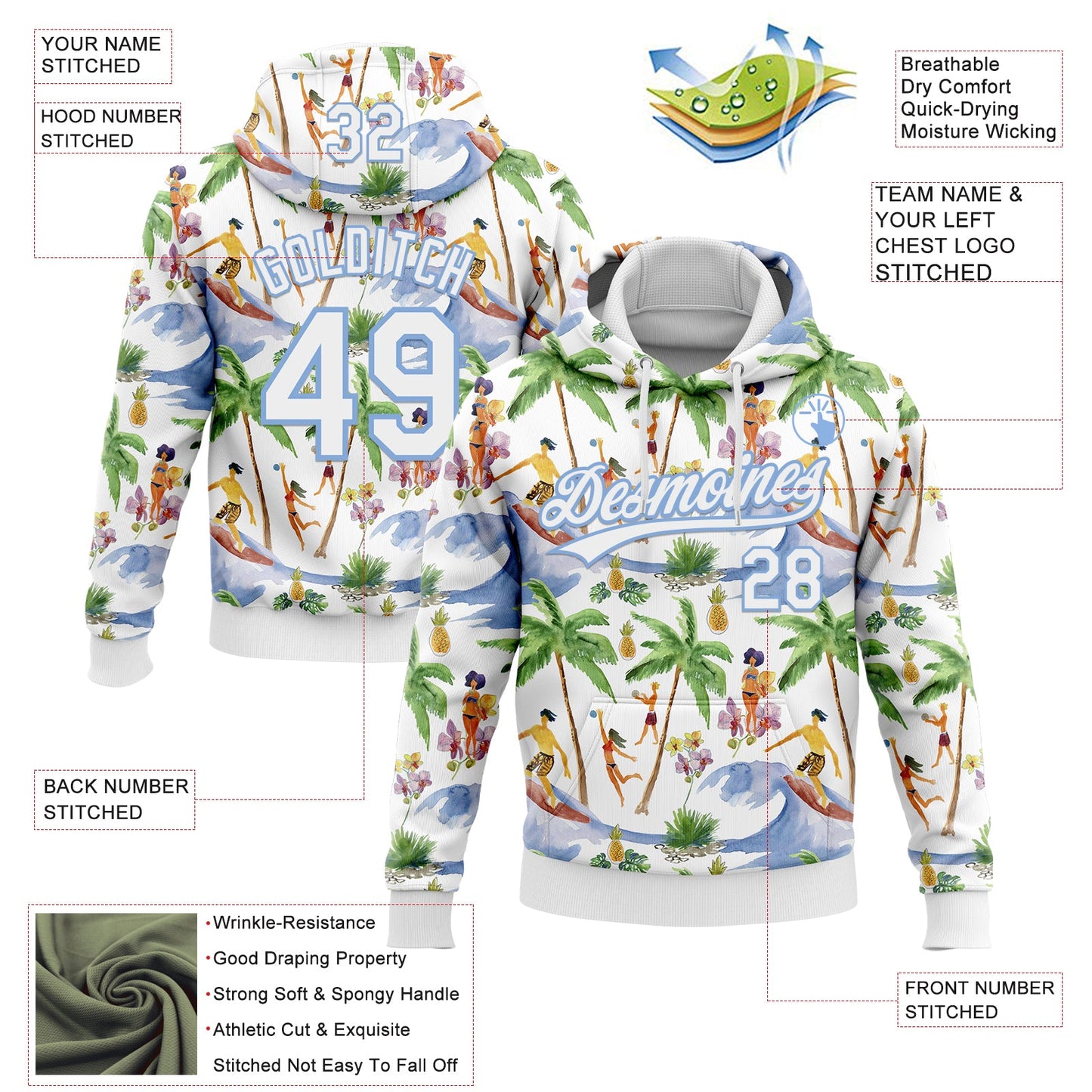Custom Stitched White Light Blue Hawaii Palm Trees Sports Pullover Sweatshirt Hoodie