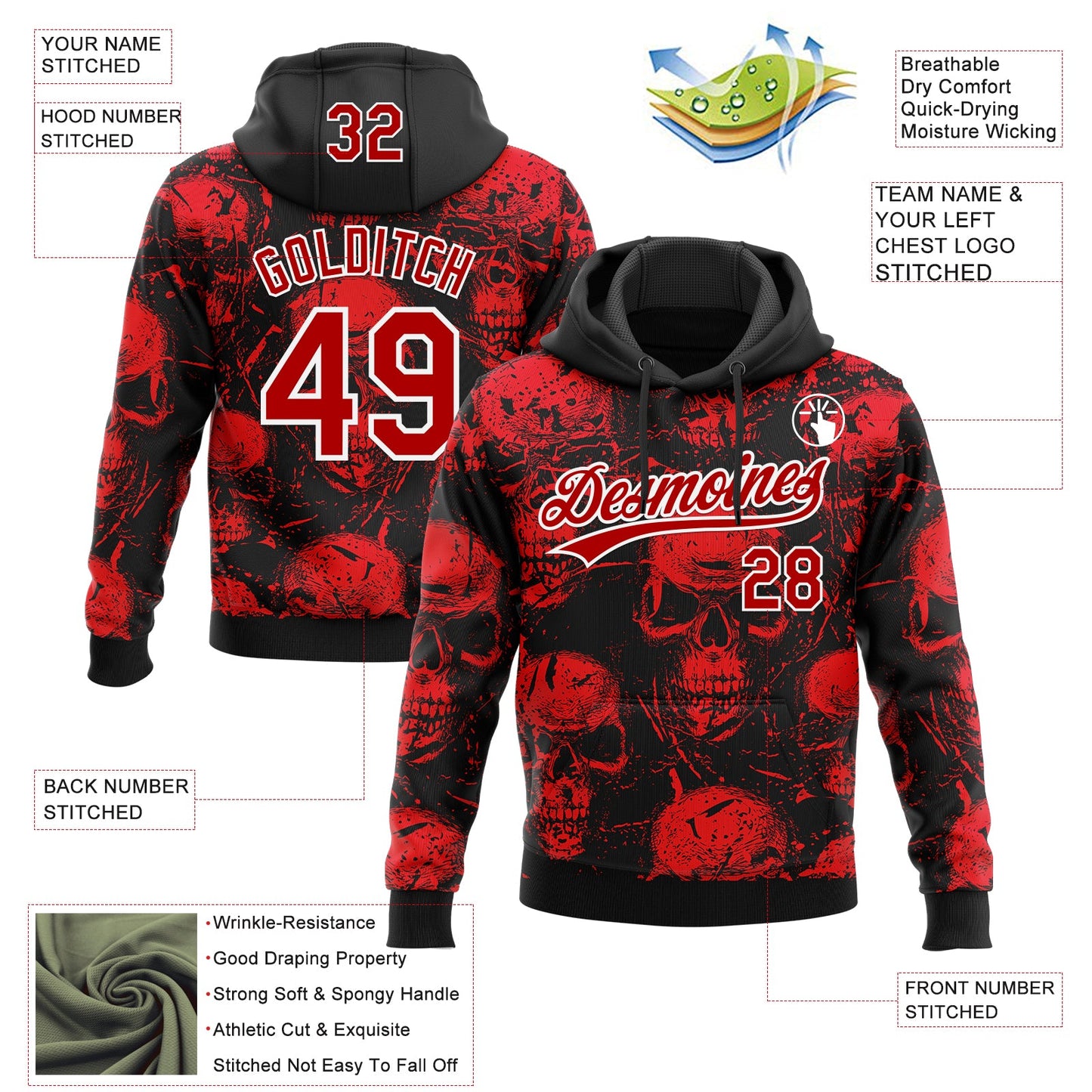 Custom Stitched Black Red-White Halloween Skulls Sports Pullover Sweatshirt Hoodie