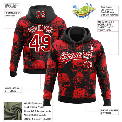 Custom Stitched Black Red-White Halloween Skulls Sports Pullover Sweatshirt Hoodie