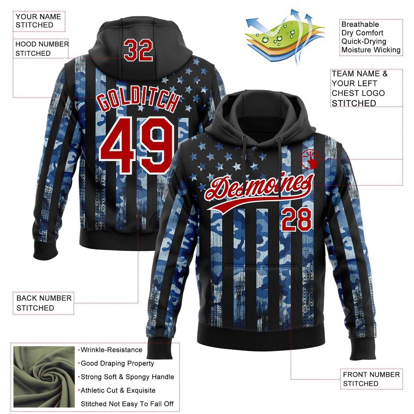 Custom Stitched Camo Red Black-White Salute To Service American Flag Sports Pullover Sweatshirt Hoodie
