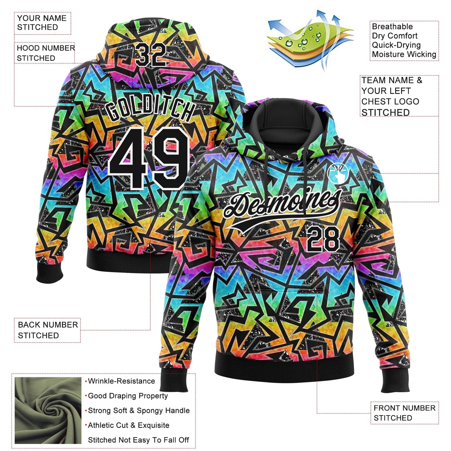 Custom Stitched Graffiti Pattern Black-White Abstract Geometric Sports Pullover Sweatshirt Hoodie