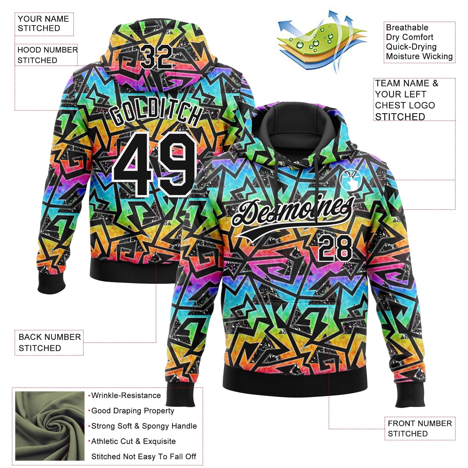 Custom Stitched Graffiti Pattern Black-White Abstract Geometric Sports Pullover Sweatshirt Hoodie