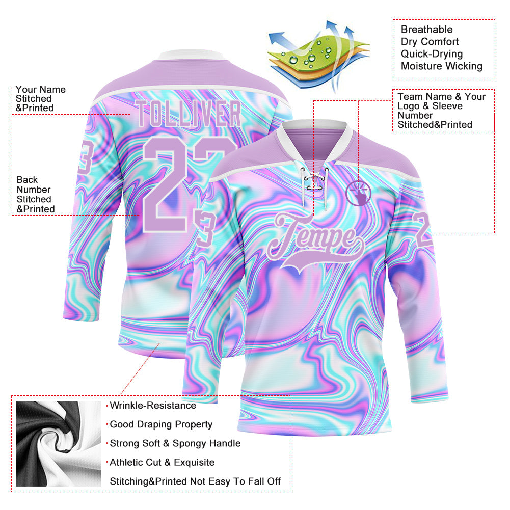 Custom Light Purple Pink Blue-White Trippy Psychedelic Fluid Trendy Holographic Vaporwave Style Hockey Lace Neck Jersey