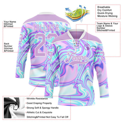 Custom Light Purple Pink Blue-White Trippy Psychedelic Fluid Trendy Holographic Vaporwave Style Hockey Lace Neck Jersey