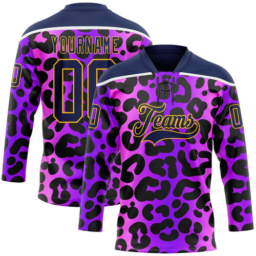 Custom Purple Navy Pink-Gold Leopard Print Neon Hockey Lace Neck Jersey