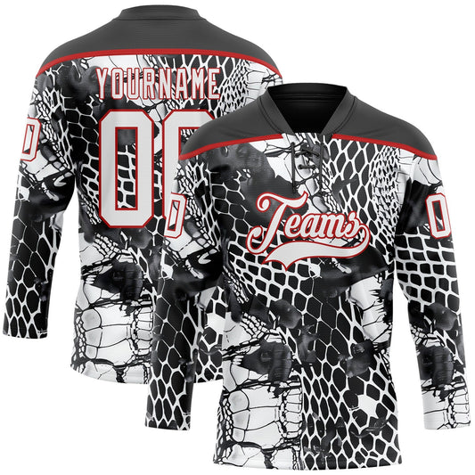 Custom Black White-Red Snake Skin Print Hockey Lace Neck Jersey