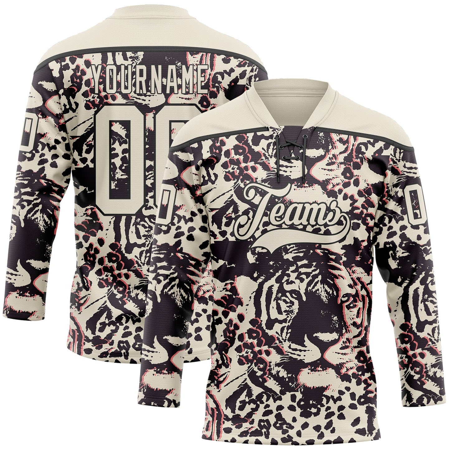 Custom Cream Black-Pink Tiger Print Hockey Lace Neck Jersey