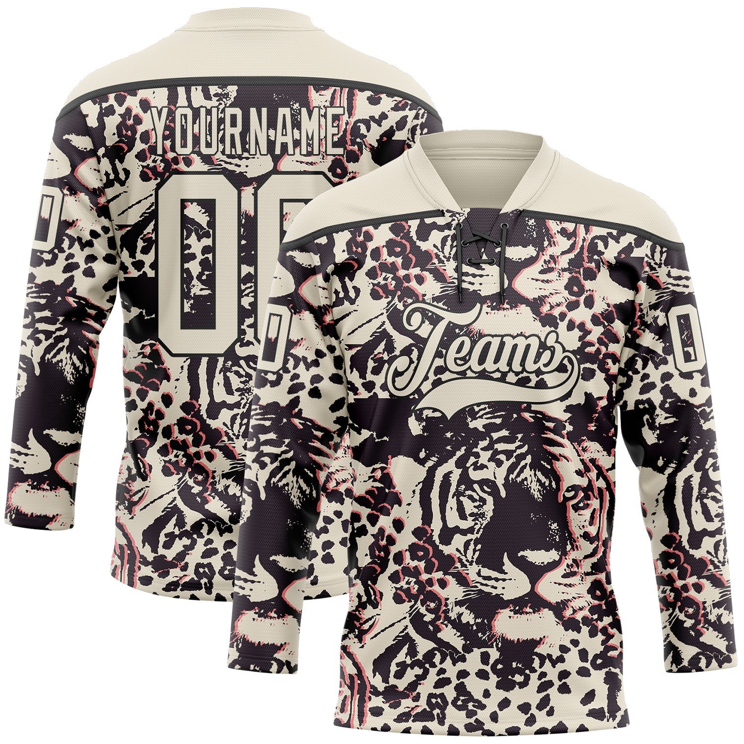 Custom Cream Black-Pink Tiger Print Hockey Lace Neck Jersey