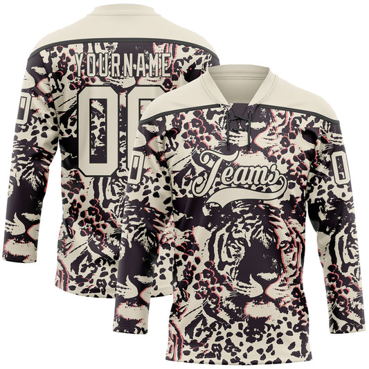 Custom Cream Black-Pink Tiger Print Hockey Lace Neck Jersey