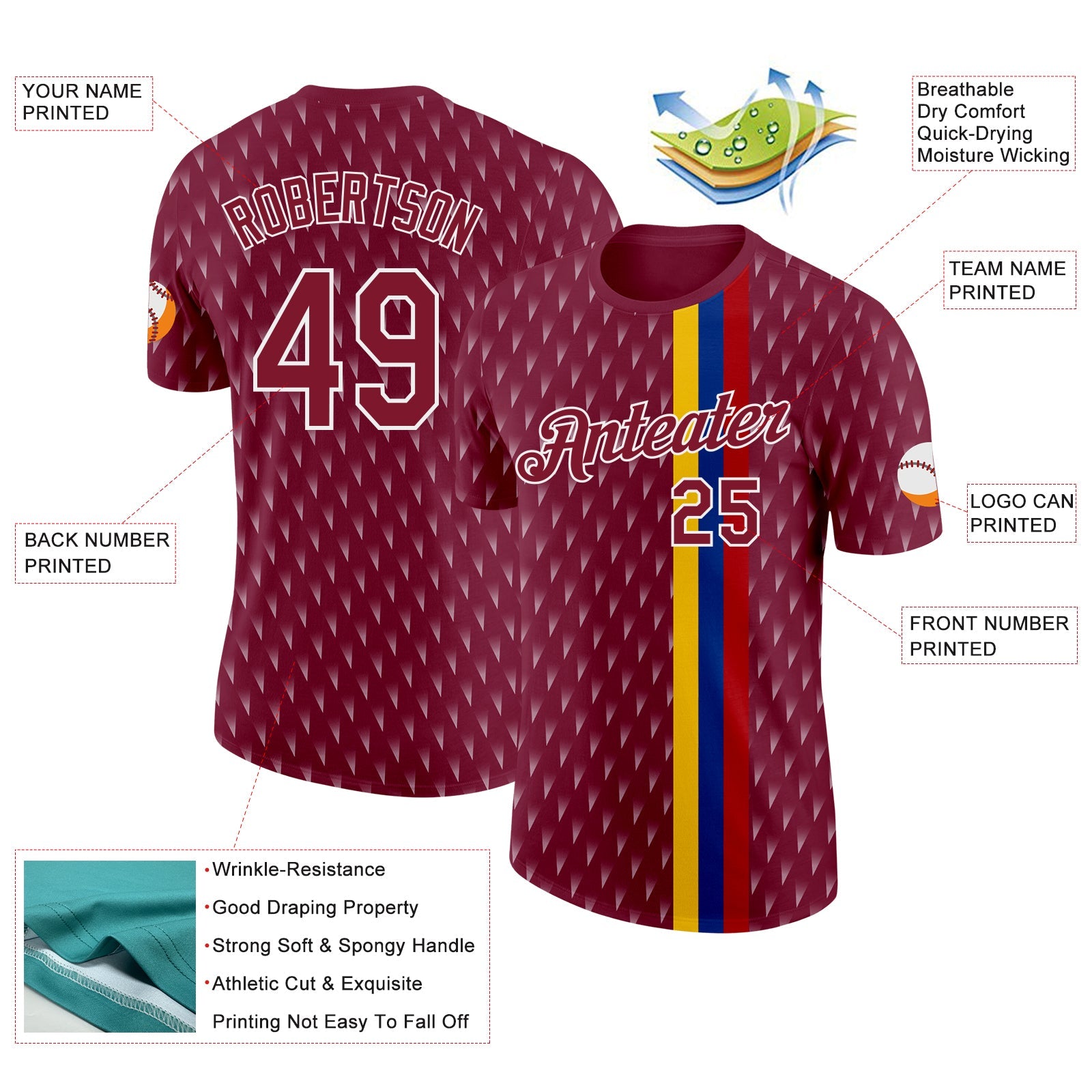 Custom Crimson Yellow Blue-White Colombia Geometric And Stripe Performance T-Shirt