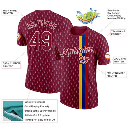 Custom Crimson Yellow Blue-White Colombia Geometric And Stripe Performance T-Shirt
