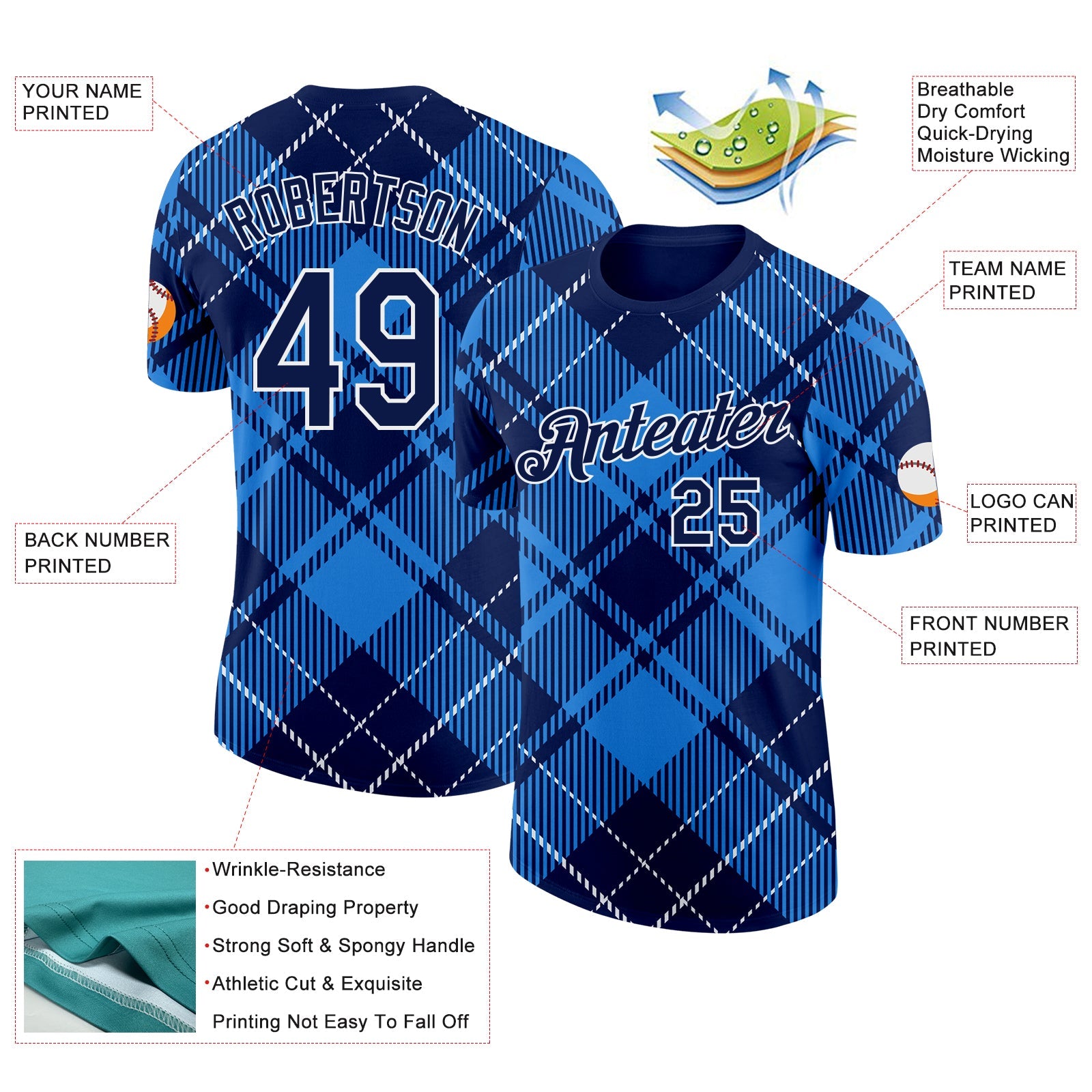 Custom Navy White-Powder Blue Scotland Plaid Performance T-Shirt